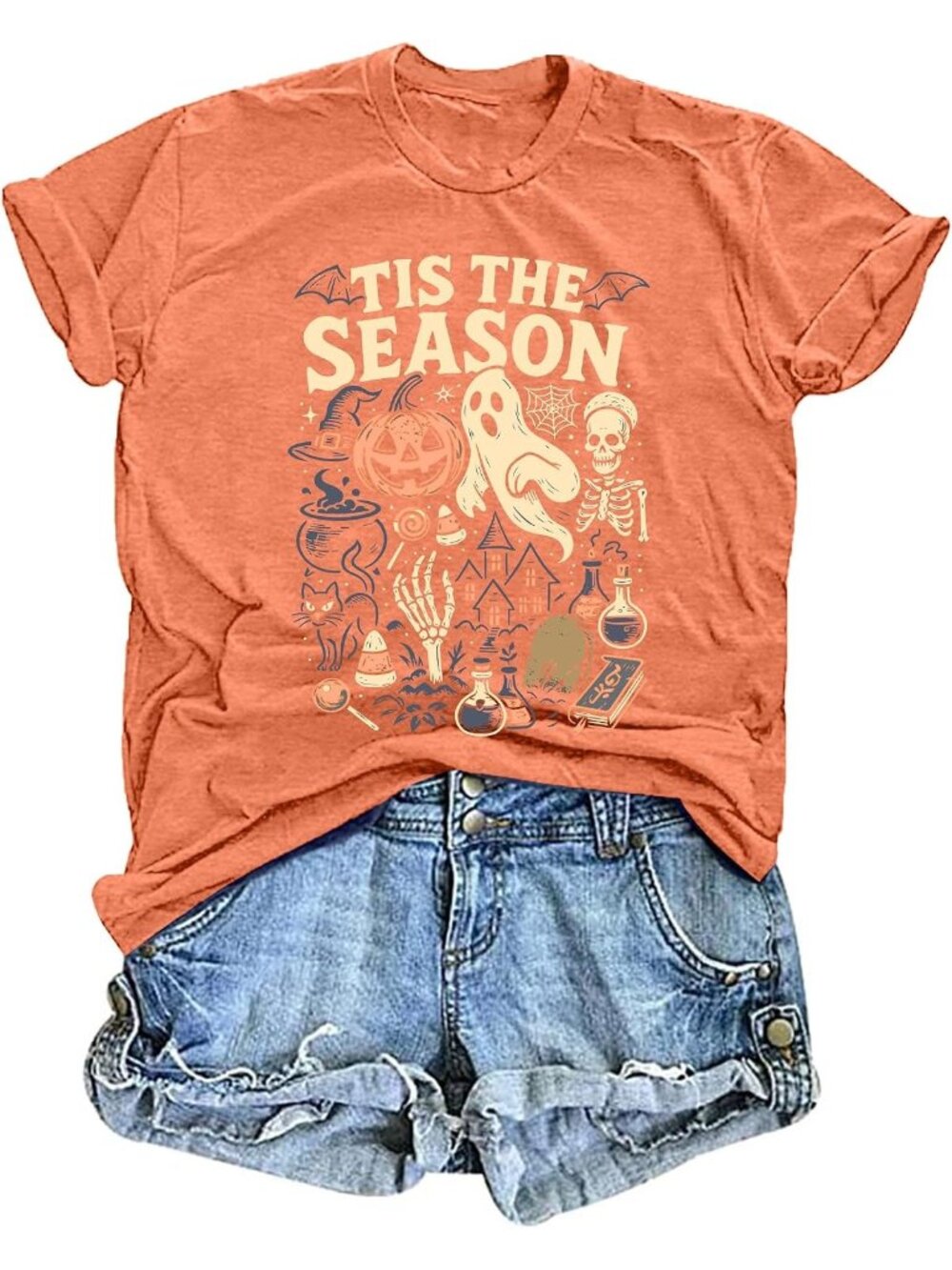🆕 Womens Tis The Season Halloween Orange Graphic Tee Short Sleeve Casual Tee